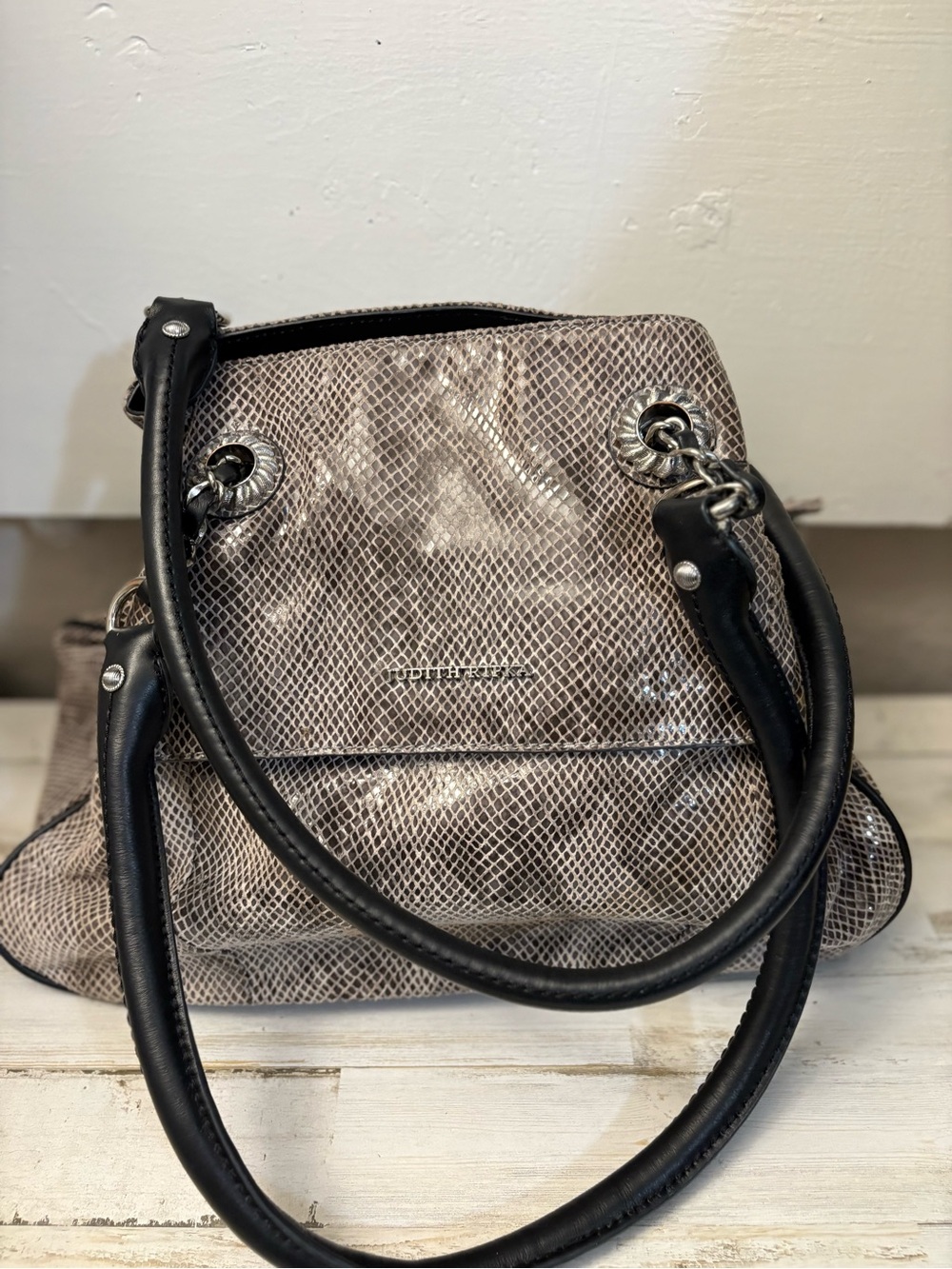 Judith Ripka Taupe Snake-Print Shoulder Bag with Black Handles